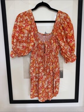 Free People Orange Floral Puff-Sleeve Mini Dress